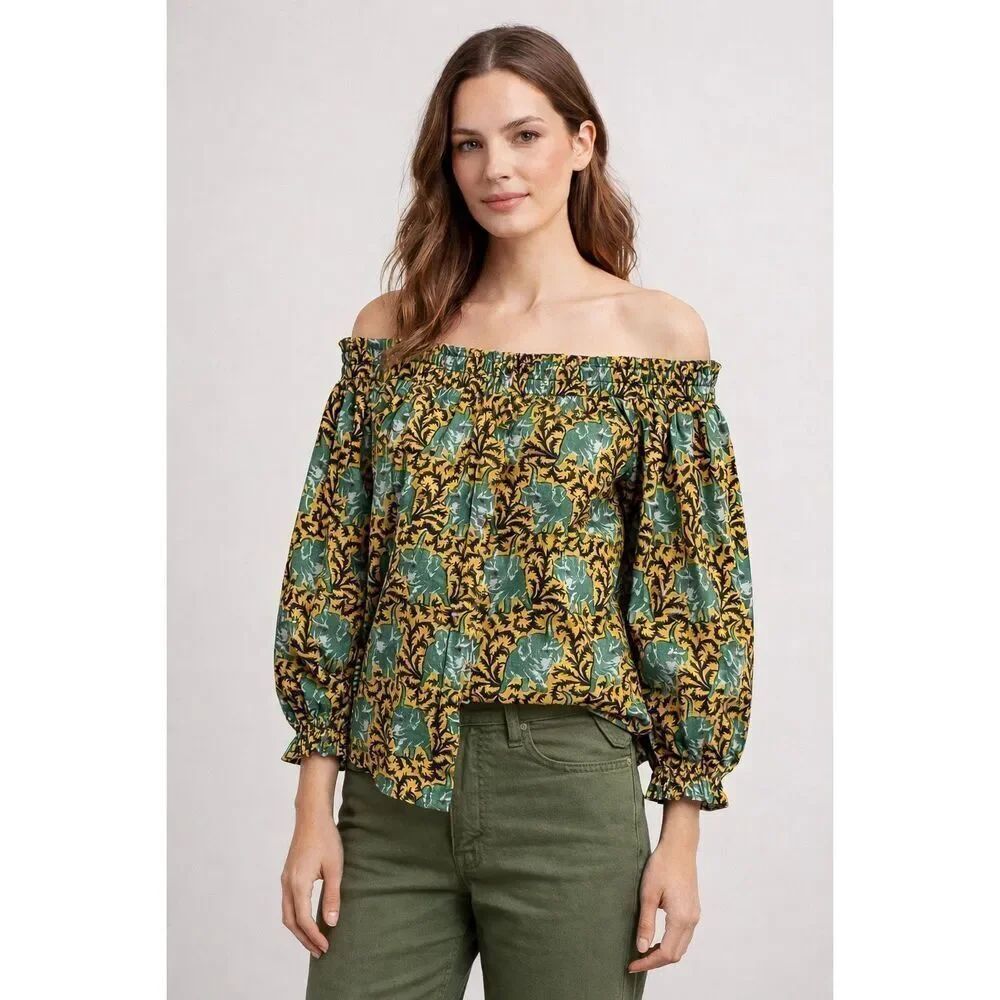 J Crew Elephant Print Off Shoulder Cotton Blouse Ruffle Size 2
